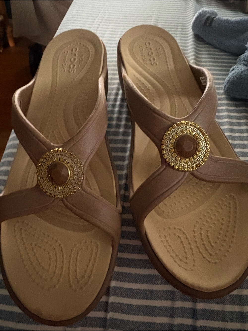 CROCS Women's Beige Slide Sandals with Gold Medallion